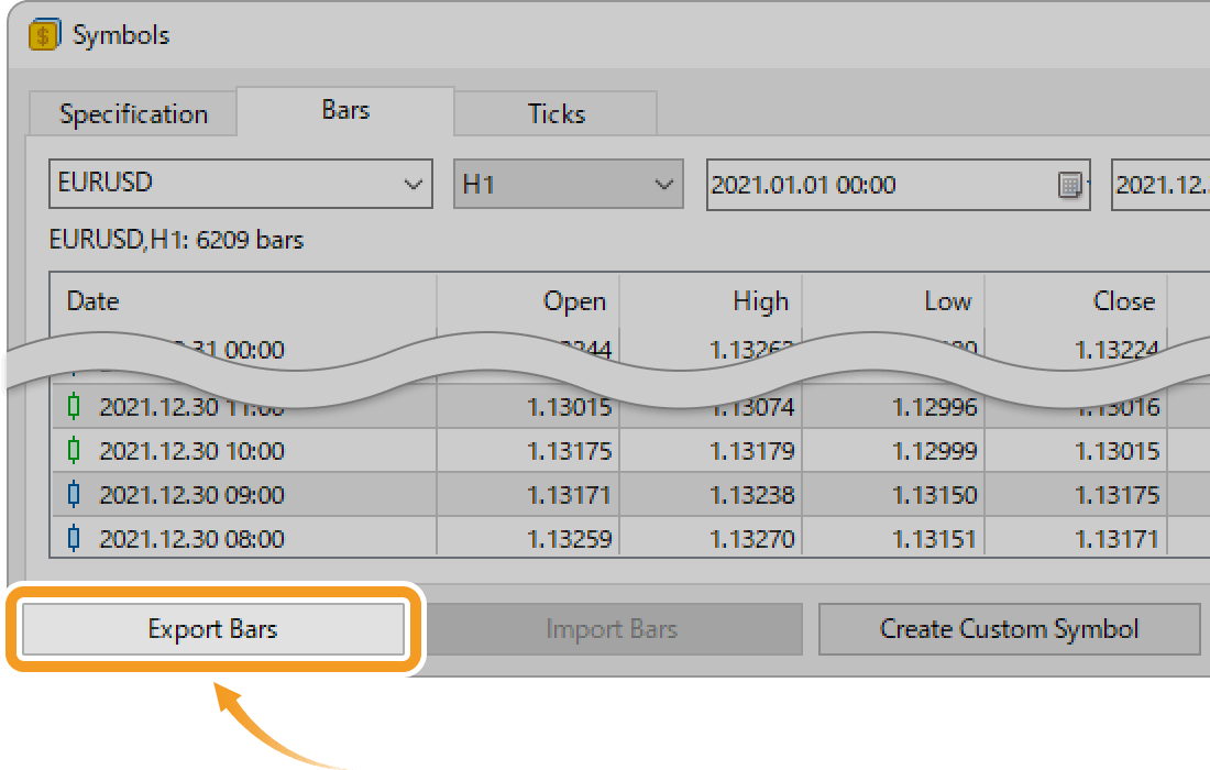 Export historical bar data