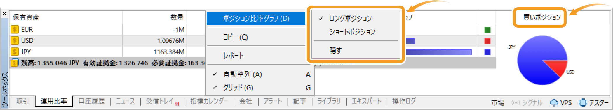 円グラフをロングポジション・ショートポジションに切り替える