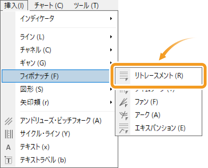 フィボナッチリトレースメントを選択