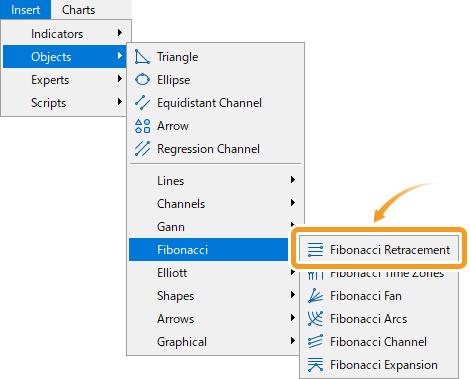 Click Insert in the menu. Hover the pointer over Objects > Fibonacci and select Fibonacci Retracement