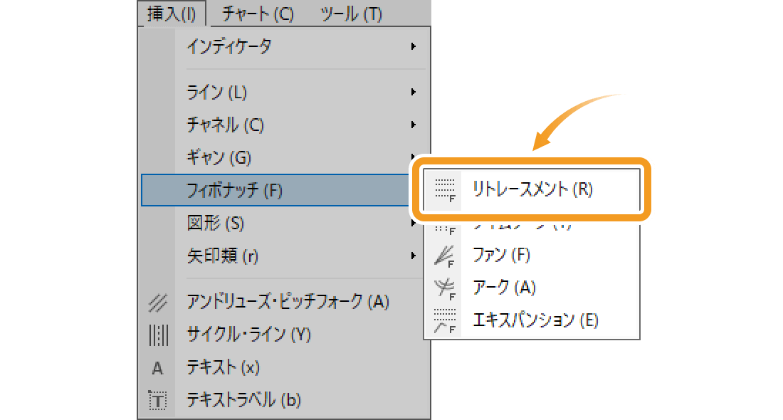 フィボナッチリトレースメントを選択