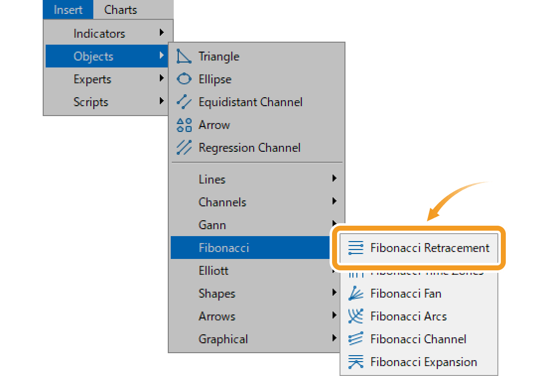 Click Insert in the menu. Hover the pointer over Objects > Fibonacci and select Fibonacci Retracement