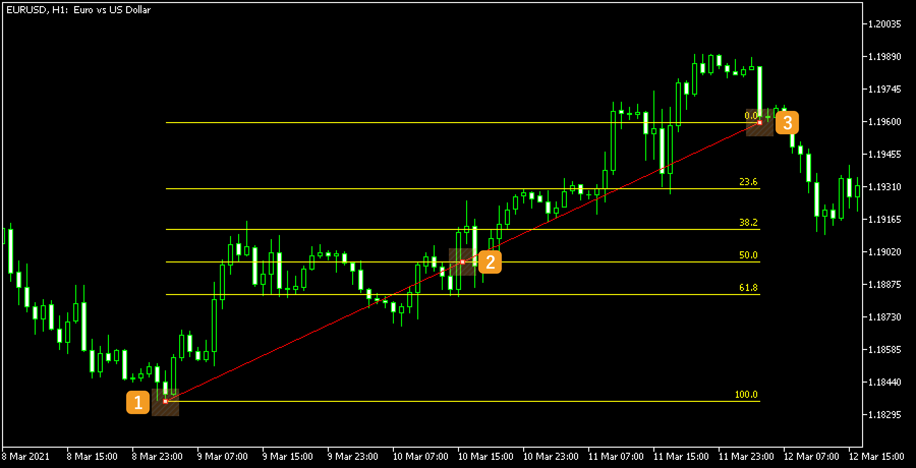 Make sure the white dots are being displayed on the Fibonacci retracement