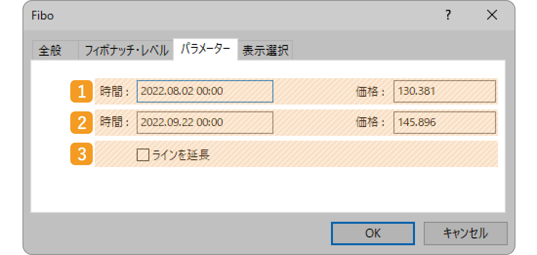 フィボナッチリトレースメントの「パラメーター」タブを設定