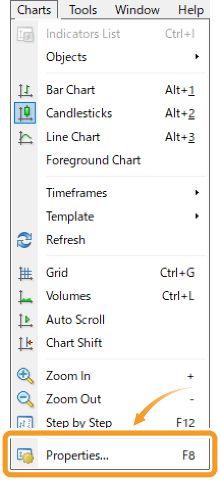 Click Charts in the menu and select Properties