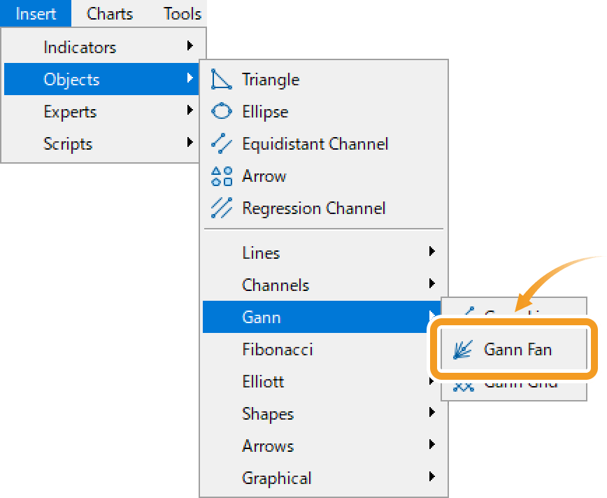 Click Insert in the menu. Hover the pointer over Objects > Gann and select Gann Fan