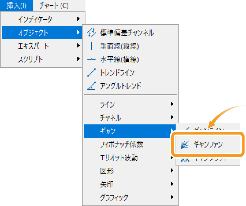 メニューバーの「挿入」をクリックします。「オブジェクト」、「ギャン」の順にマウスポインターを動かし、ギャンファンを選択