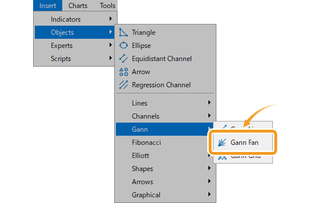 Click Insert in the menu. Hover the pointer over Objects > Gann and select Gann Fan