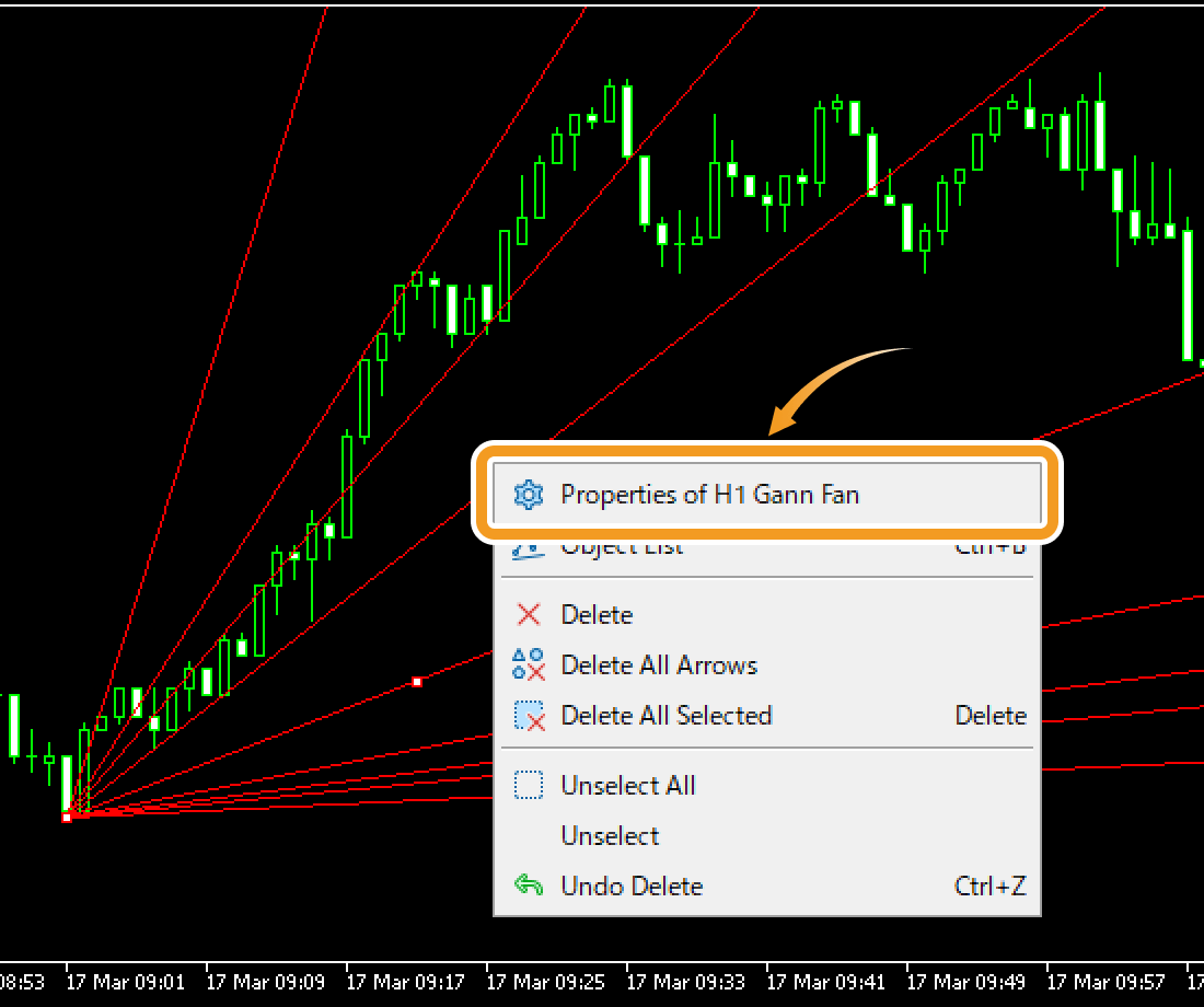 Right-click near the Gann fan and select Properties