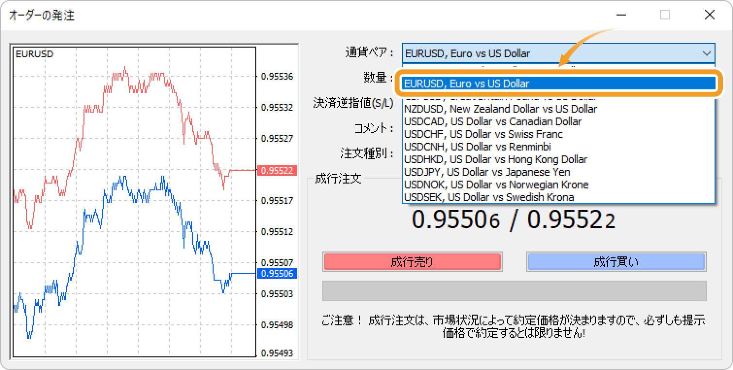 新規注文画面から注文を出す通貨ペアを選択