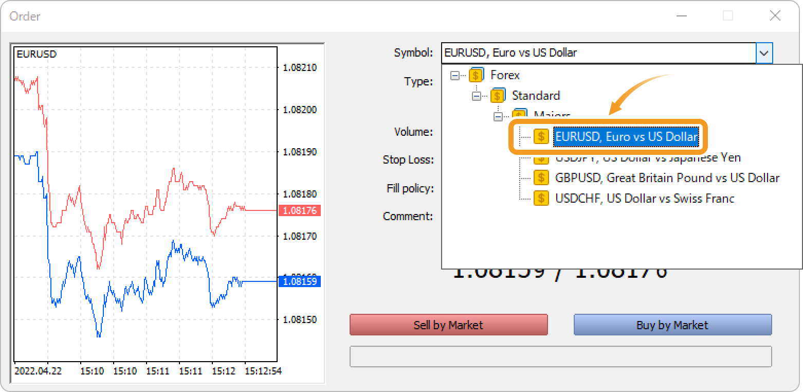 Click the Symbol field to choose the symbol to place an order for