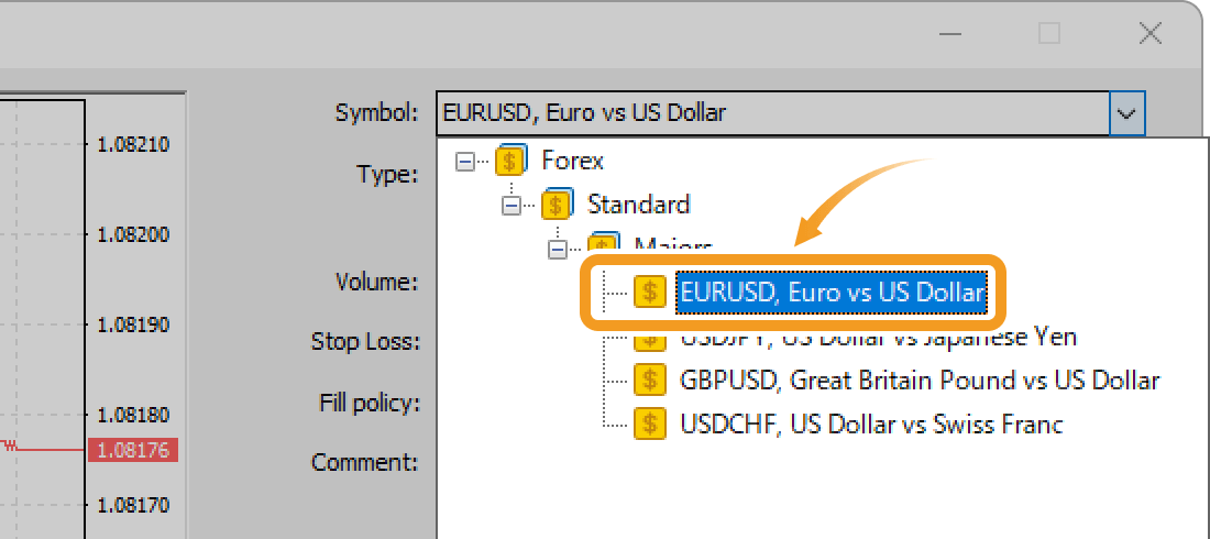 Click the Symbol field to choose the symbol to place an order for