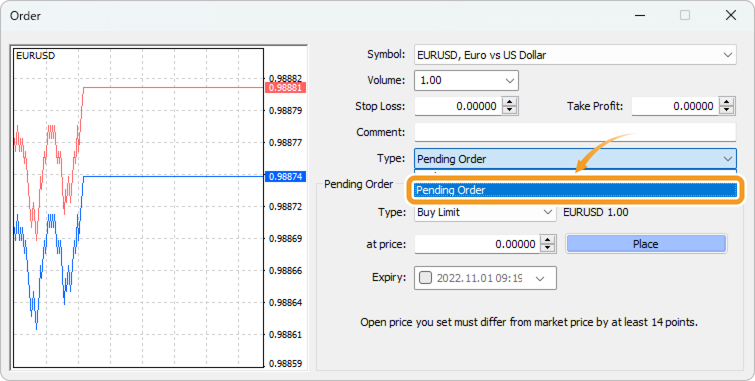 Click the Type field and select Pending Order