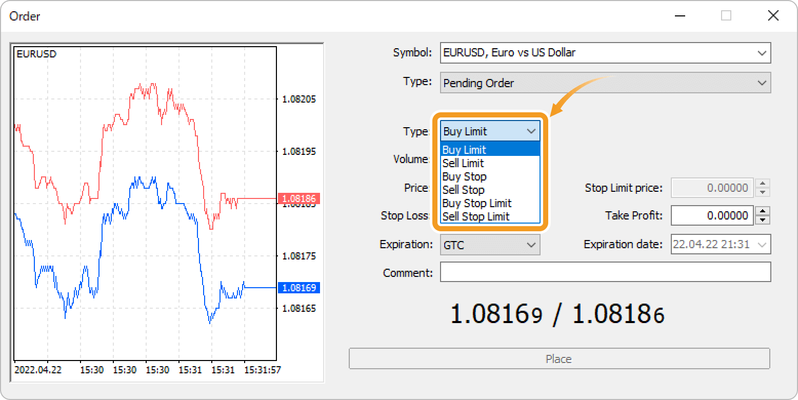 Click the Type field and select a type of limit/stop/stop-limit order