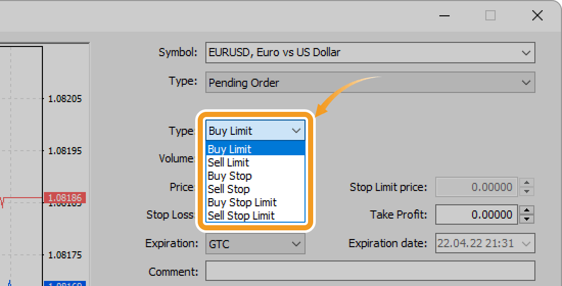 Click the Type field and select a type of limit/stop/stop-limit order