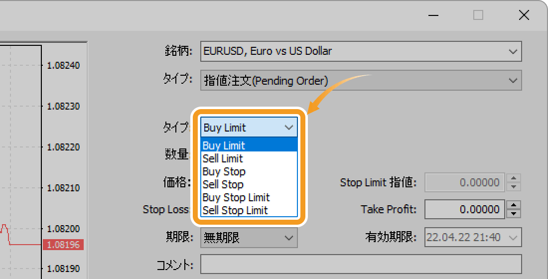 「タイプ」選択欄にて指値注文・逆指値注文・ストップリミット注文の種類を選択