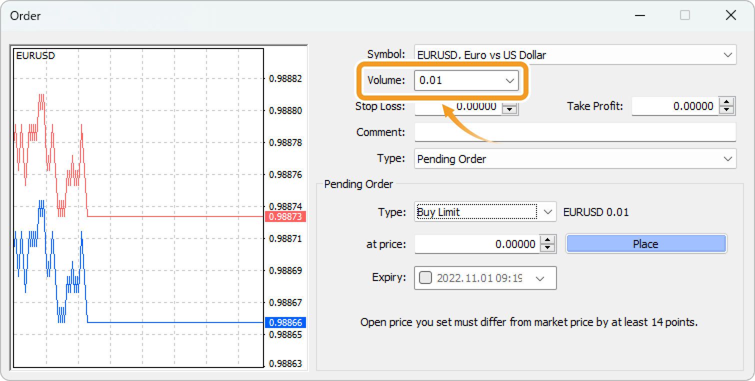 Set the trade volume for limit order