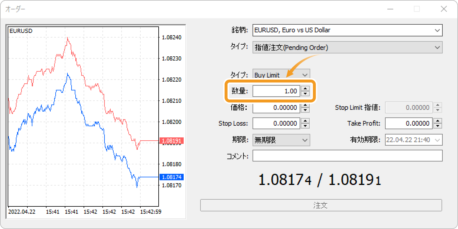 「数量」欄にて、取引数量をロット単位で設定