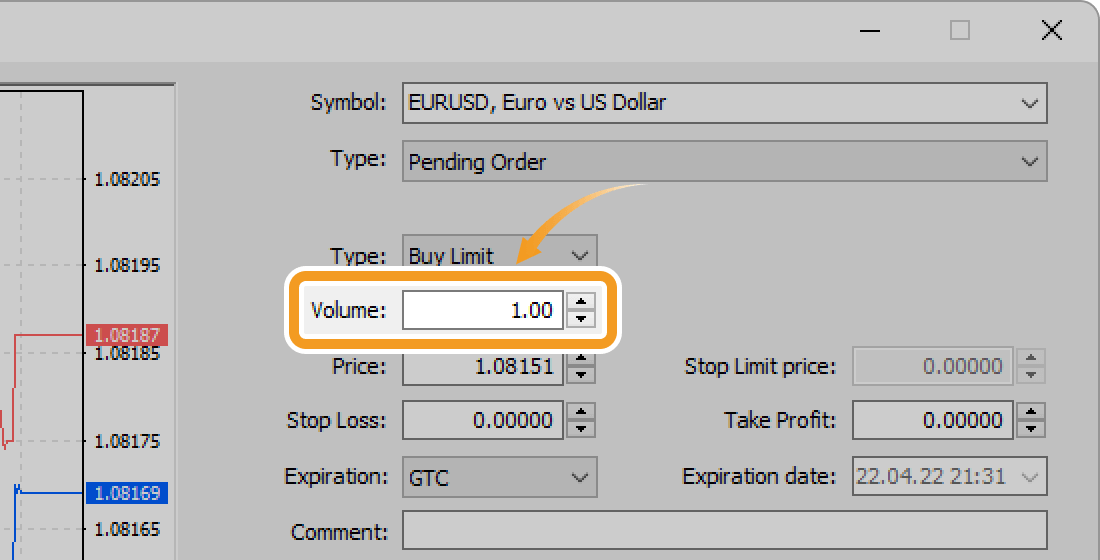 Set the trade volume in lots in the Volume field