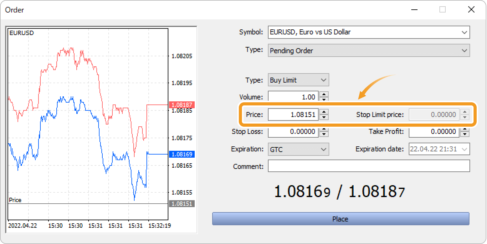 Set the limit/stop price in the Price field