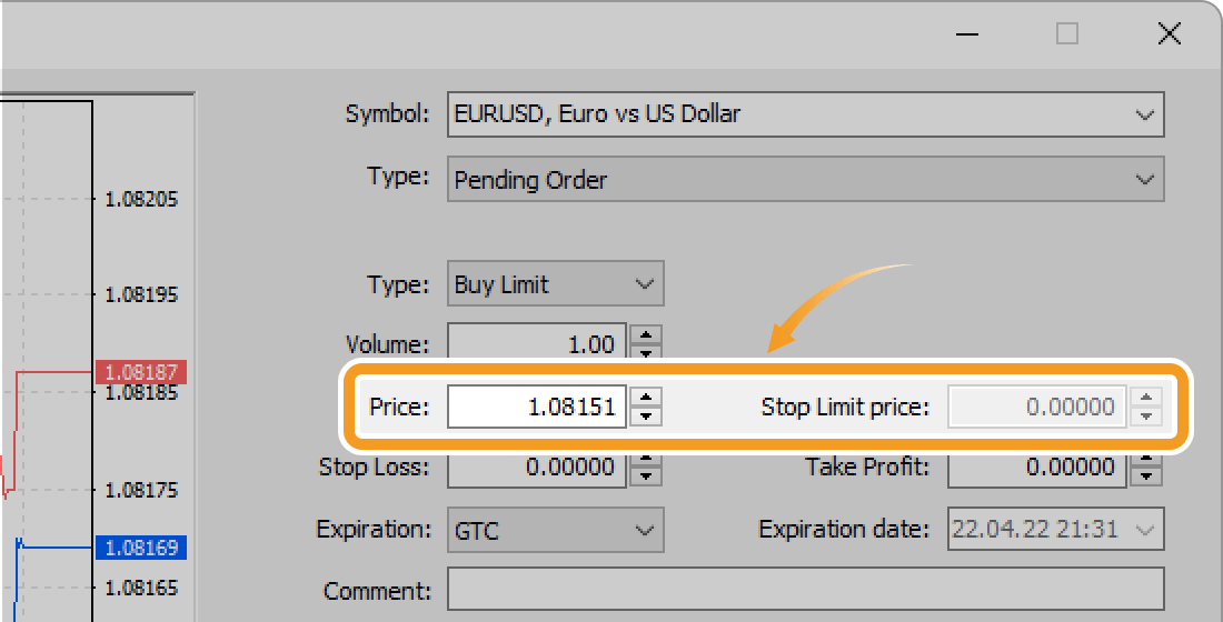 Set the limit/stop price in the Price field