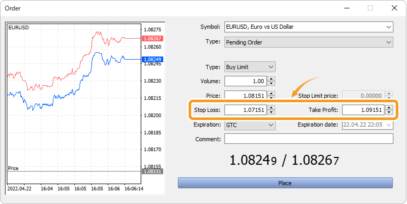 Set the stop-loss (S/L) value in the Stop Loss field, and the take-profit value in the Take Profit field