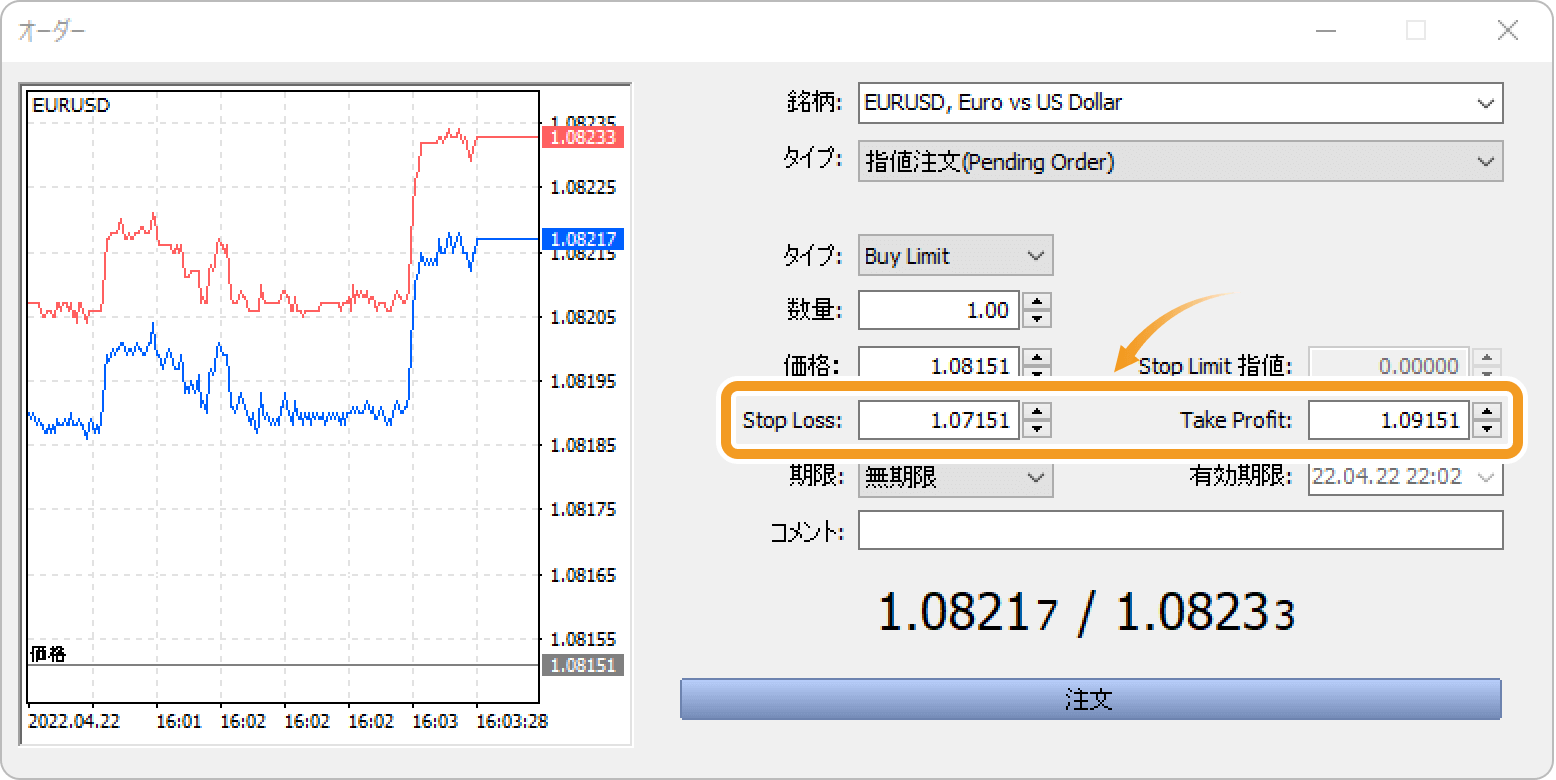 「Stop Loss」欄に、決済逆指値（S/L）を、「Take Profit」欄に決済指値（T/P）を設定