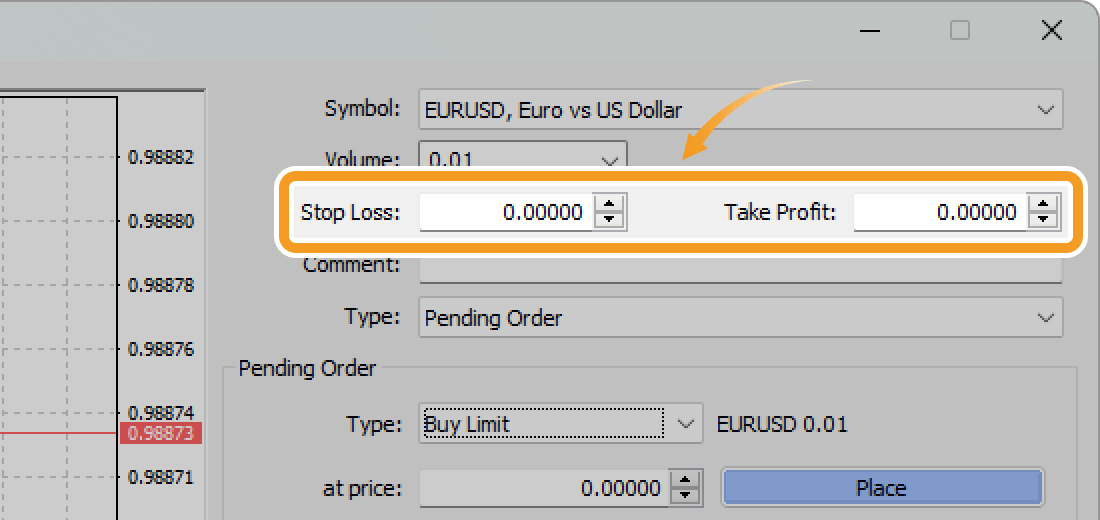 Set the stop-loss (S/L) and take-profit (T/P) prices