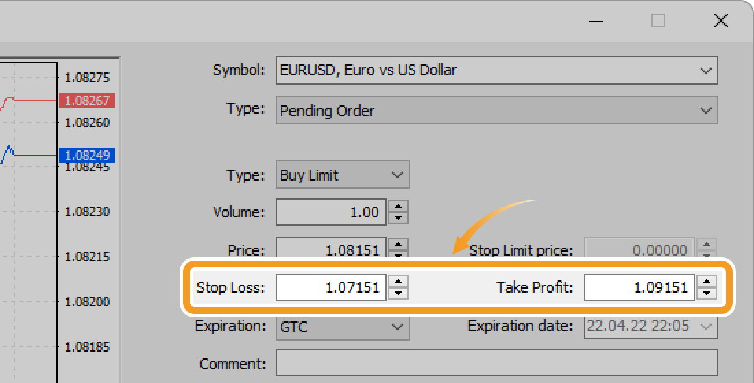 Set the stop-loss (S/L) value in the Stop Loss field, and the take-profit value in the Take Profit field