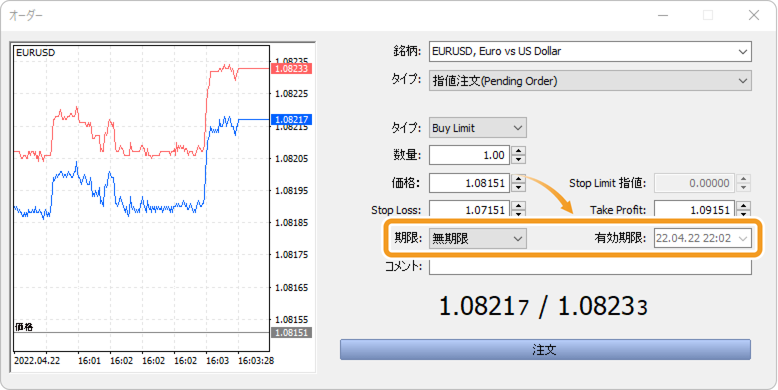 「期限」欄にて、指値注文・逆指値注文の有効期限を設定