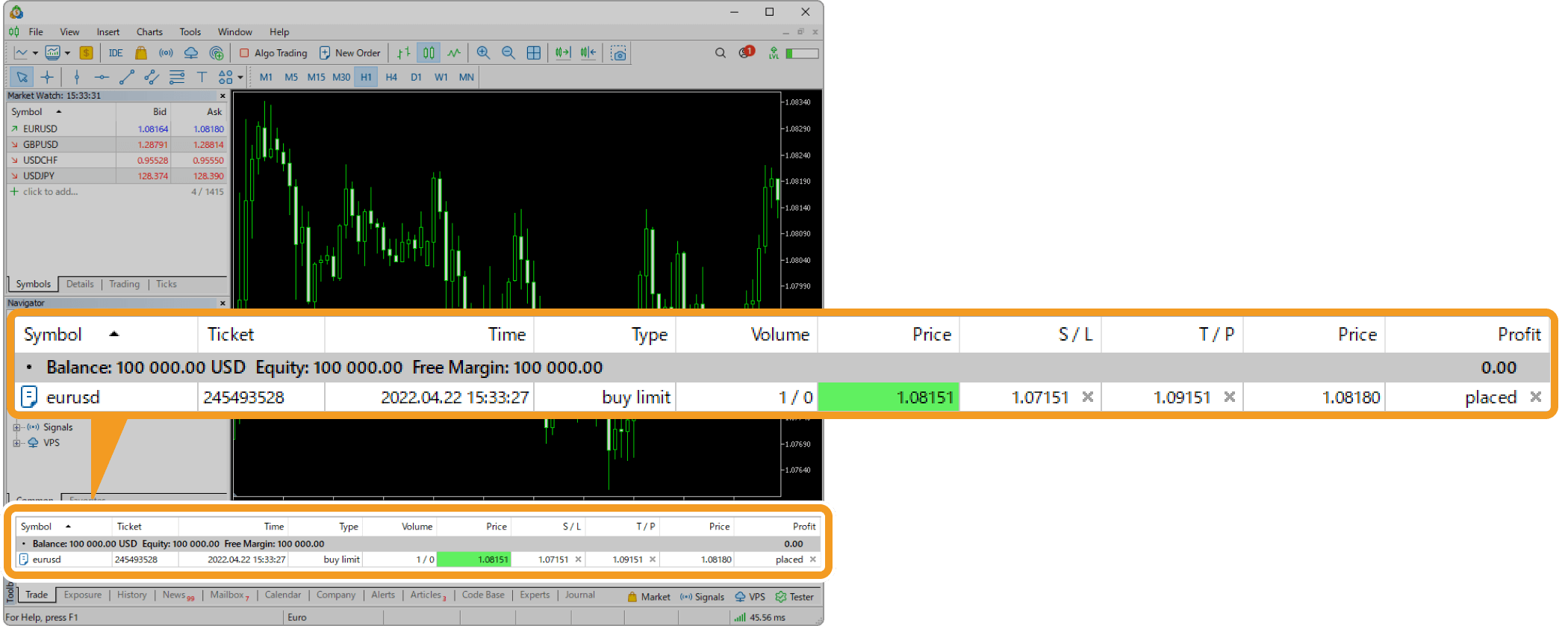 Added below the balance line in the Trade tab of the Toolbox as a pending order