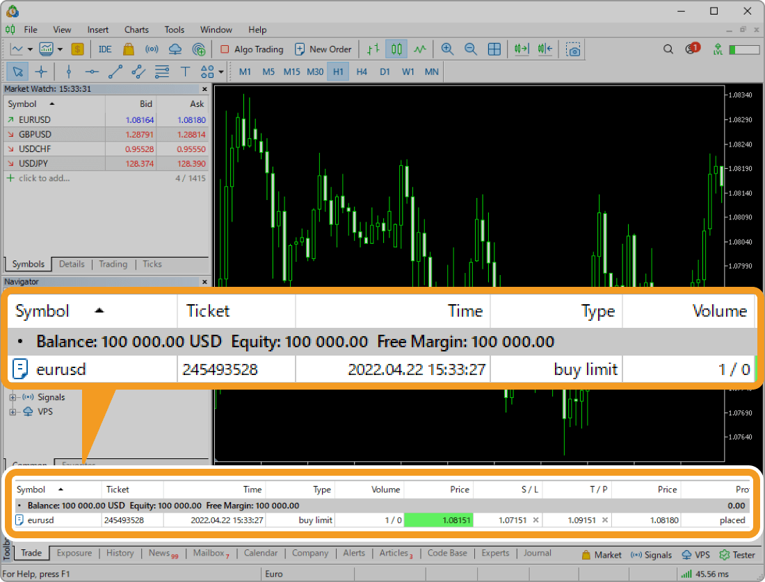 Added below the balance line in the Trade tab of the Toolbox as a pending order