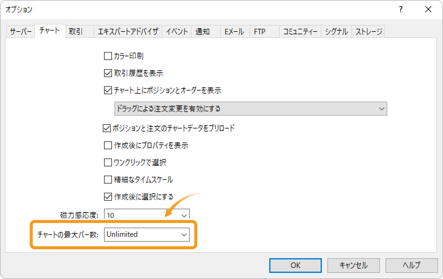 「チャート」タブ内の「チャートの最大バー数」を「Unlimited」に変更し、「OK」ボタンをクリック