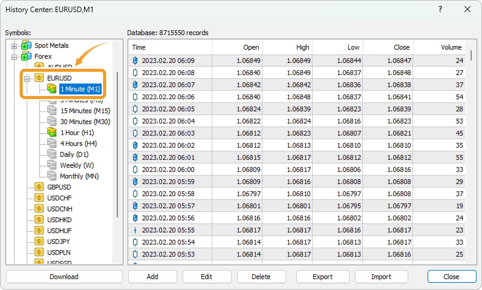 Select a symbol and timeframe on the History Center