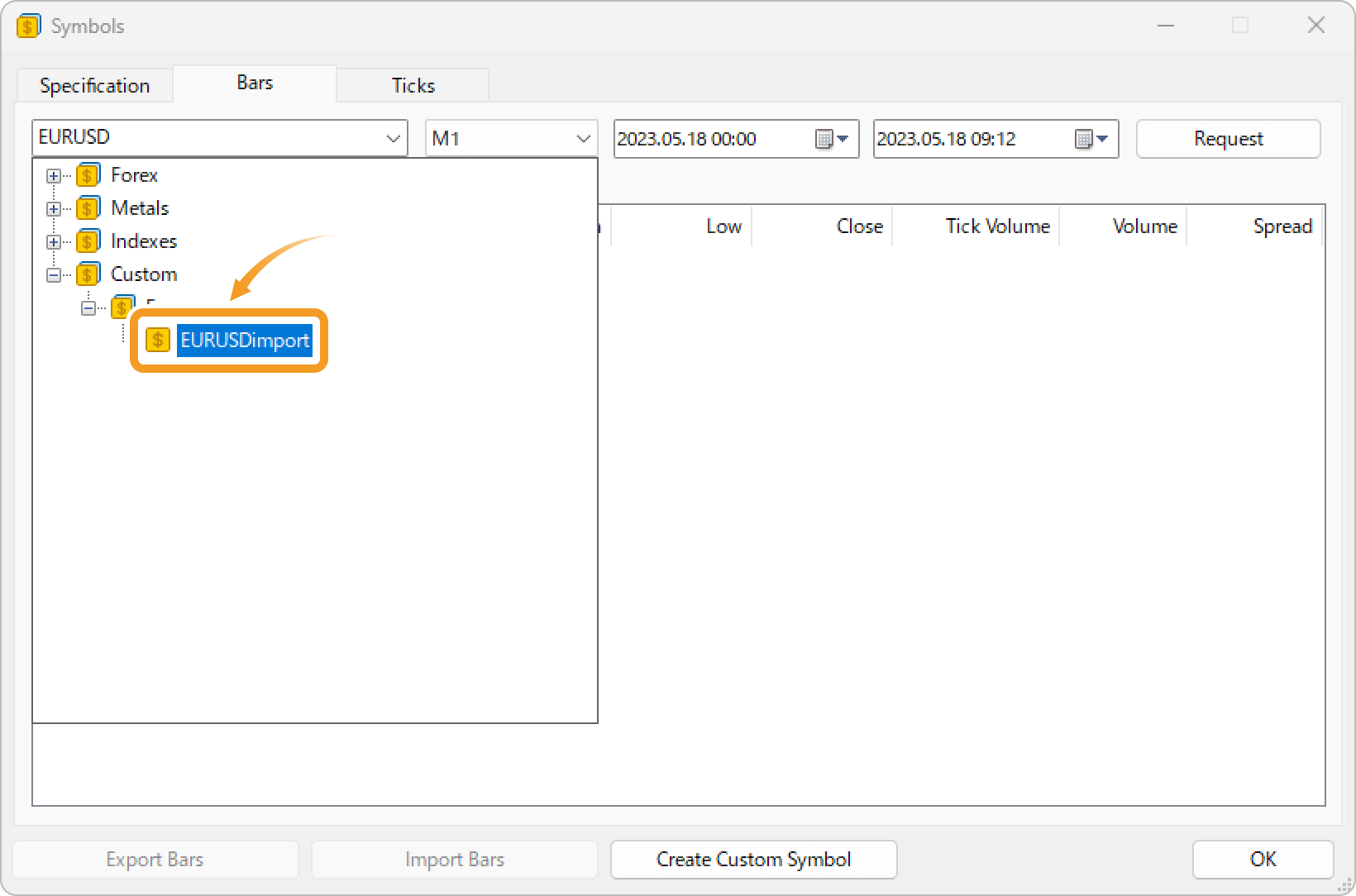 Import historical data for the custom symbol