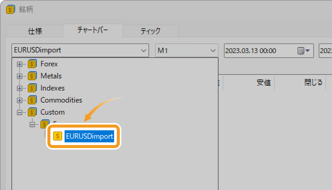 ヒストリーセンターの銘柄・時間足選択