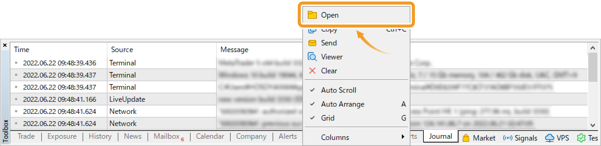 Right-click in the Journal tab and select Open