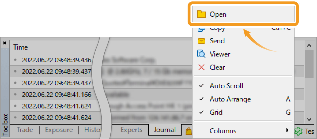 Right-click in the Journal tab and select Open