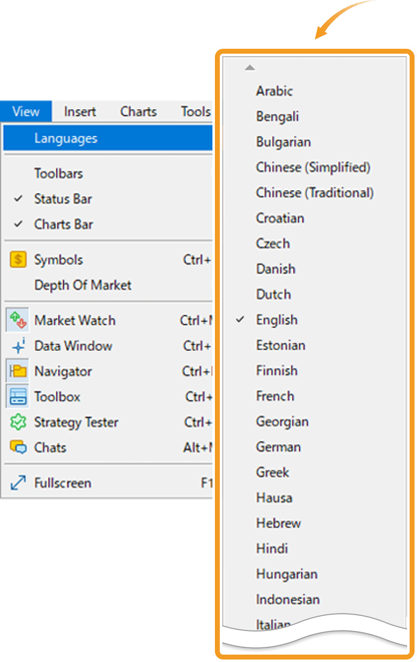 Click View in the menu and hover the pointer over Languages to select your preferred language from the list