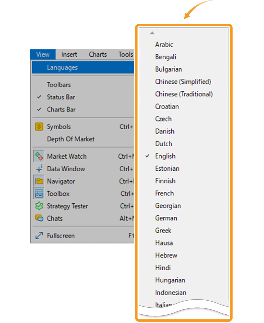 Click View in the menu and hover the pointer over Languages to select your preferred language from the list