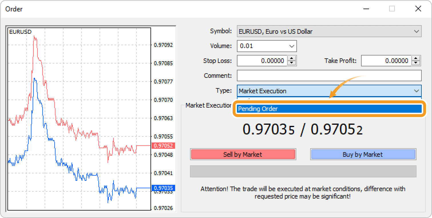 Select Pending Order for order type