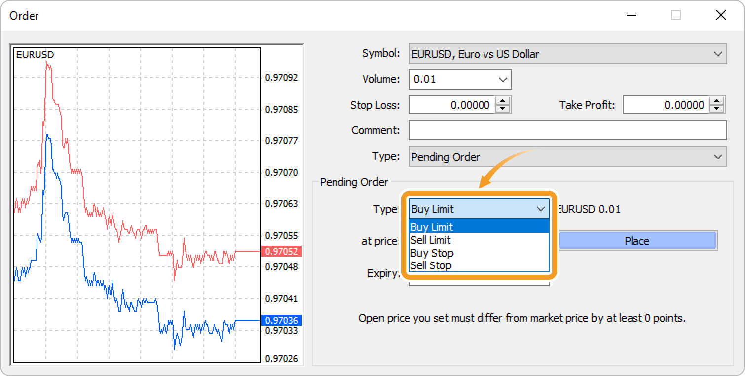 Select a type of limit/stop order