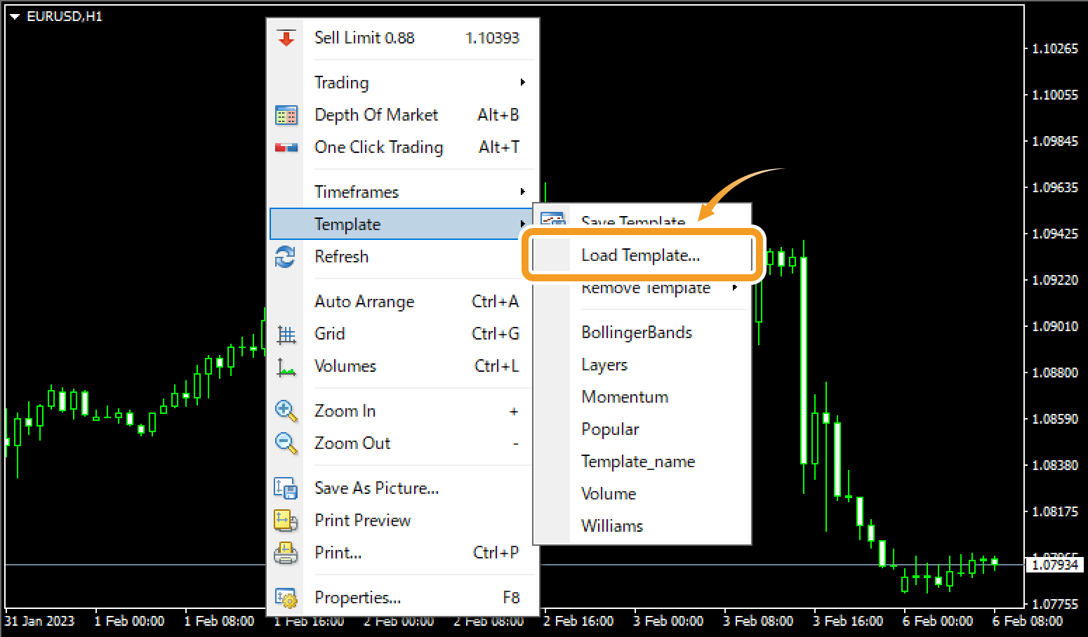 Select a template file to load and click Open