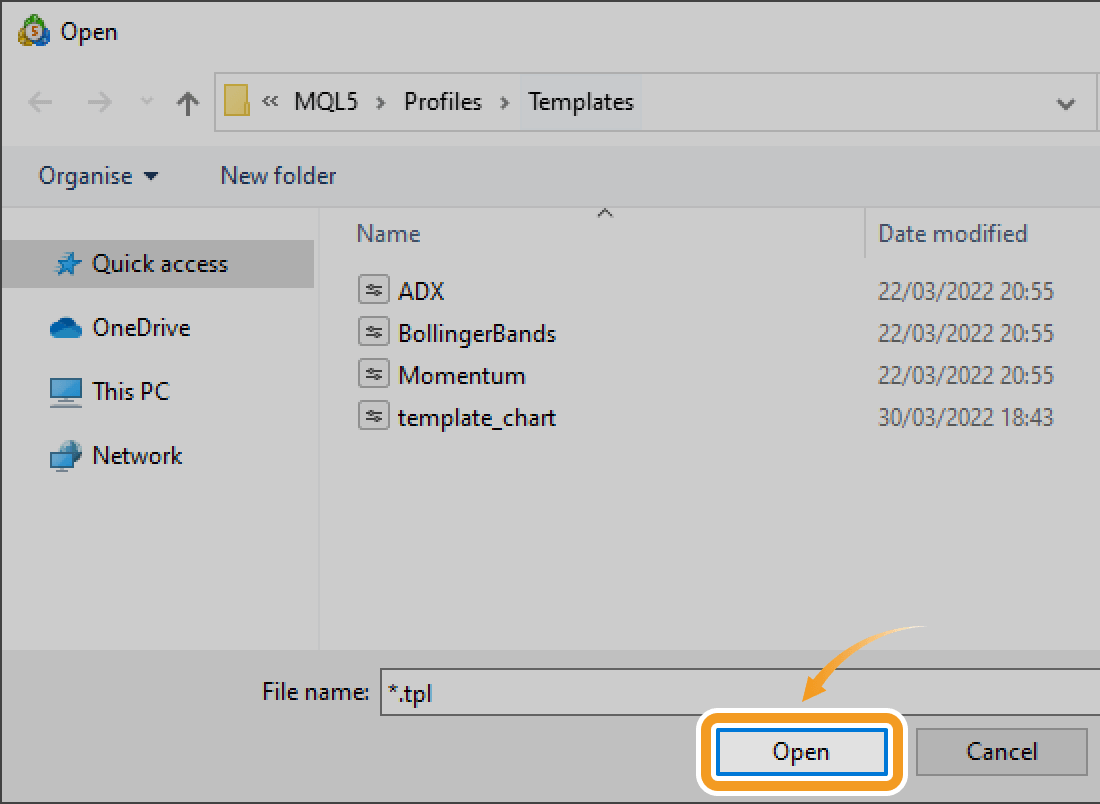 Select a template file to load and click Open