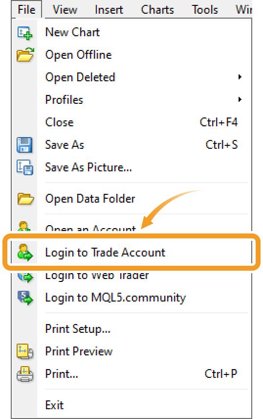 Click File in the menu and select Login to Trade Account