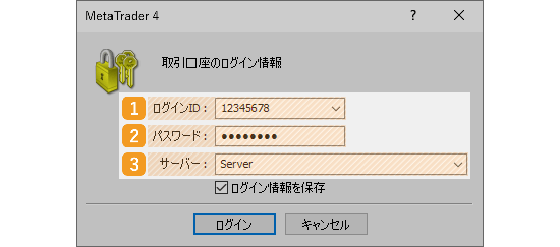 MetaTrader4のアカウント情報（ログインID・パスワード・サーバー）を入力後、「OK」ボタンをクリック