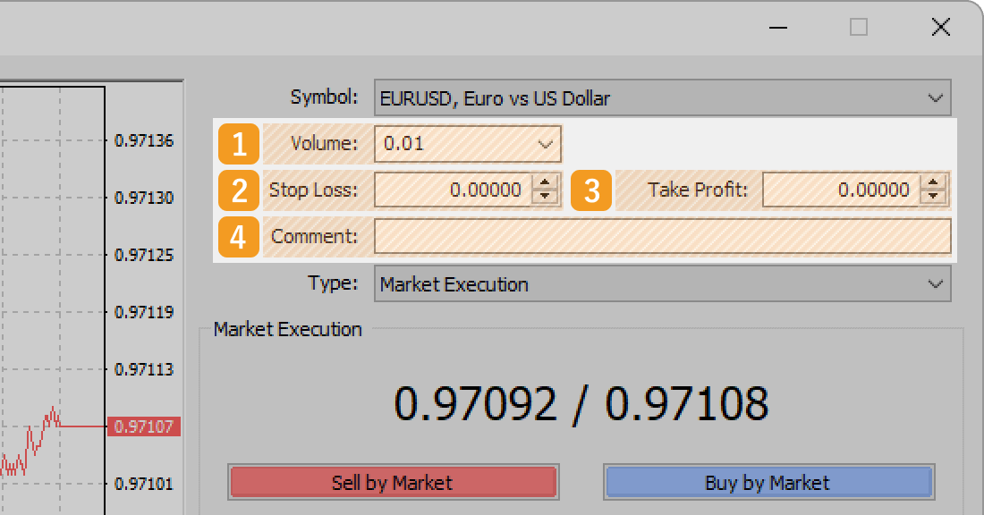 Set volume, S/L, T/P, and comment