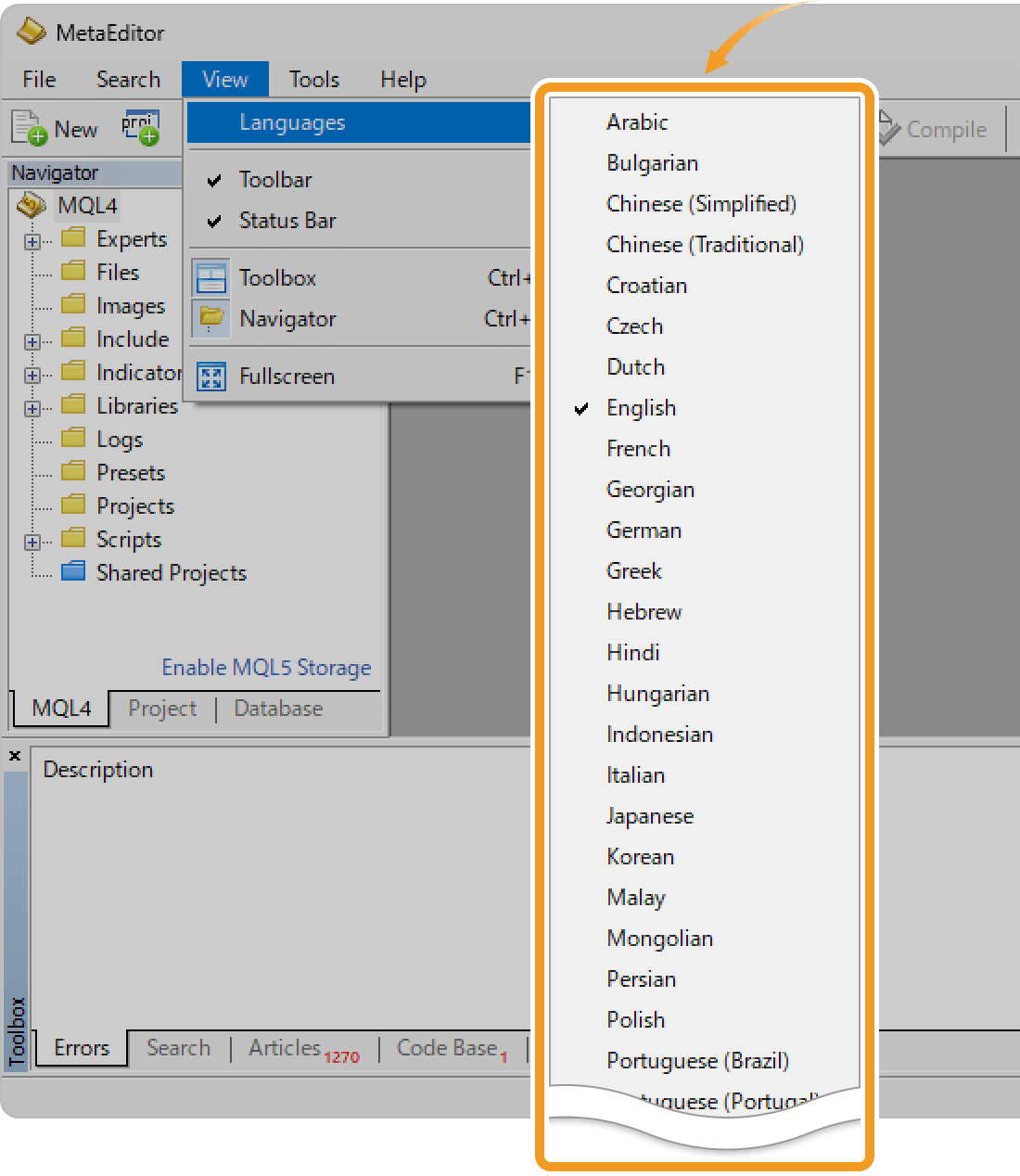 Select your preferred language for MetaEditor