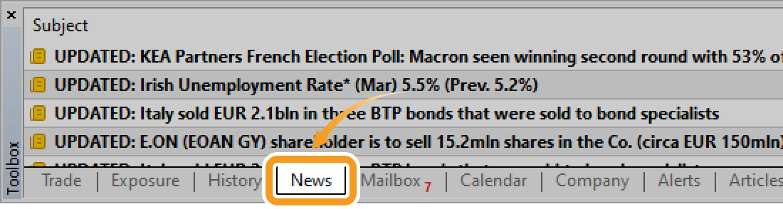 Click the News tab in the Toolbox