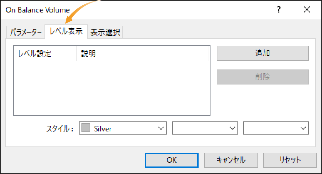 オンバランスボリュームのレベル表示設定